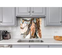 Myphotostation, paraschizzi in vetro temperato color oro, 48 x 32 cm (larghezza x altezza), paraspruzzi astratto oro, decorazione per cucina, bagno, parete, forno, pannello paraschizzi, stufa in