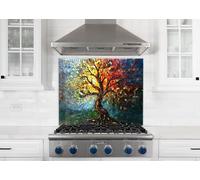 Myphotostation, paraschizzi in vetro temperato colorato con albero a mosaico radiante, 43 x 27 cm, paraschizzi in vetro per cucina, protezione da parete per fornelli, tagliere, pannello da parete per