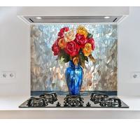 Myphotostation, paraschizzi in vetro temperato con bouquet di rose raggianti, 40 x 20 cm, elegante motivo floreale, paraschizzi in vetro per cucina, protezione da parete per fornelli, tagliere