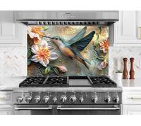 Myphotostation, paraschizzi in vetro temperato con colibrì e fiori, 25 x 45,7 cm (larghezza x altezza), paraschizzi per cucina, protezione da parete per fornelli, tagliere, pannello da parete per