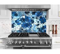 Myphotostation, paraschizzi in vetro temperato con motivo floreale blu a mosaico, per cucina, stufa, tagliere, pannello da parete per fornelli, copertura posteriore