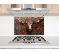 Myphotostation, paraschizzi in vetro temperato con testa di alce in bronzo, 43 x 27 cm, paraspruzzi in vetro per protezione da parete per stufa, tagliere, pannello da parete per fornelli, copertura