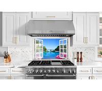 Myphotostation, paraschizzi in vetro temperato con vista sul mare, 47 x 49 cm, paraspruzzi per finestra, decorazione per cucina, bagno, protezione da parete, pannello paraspruzzi, piastrelle in vetro,