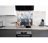 Myphotostation, paraschizzi in vetro temperato geometrico oro blu 50,8 x 50,8 cm, esagonale, paraspruzzi per cucina, bagno, protezione da parete, stufa, pannello paraspruzzi, piastrelle, vetro