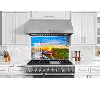 Myphotostation, paraschizzi in vetro temperato naturale, 76 x 70 cm, con vista al tramonto, paraspruzzi per cucina, bagno, parete, stufa, pannello paraschizzi, piastrelle, vetro, paraspruzzi, barca a