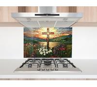 Myphotostation, paraschizzi in vetro temperato per stufa, motivo floreale Grace Cross & Sunrise, 63,5 x 30,5 cm, paraschizzi in vetro per cucina, protezione da parete per fornelli, tagliere, copertura