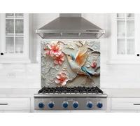 Myphotostation, paraschizzi in vetro temperato Spring Harmony Floral Bird da 35,4 x 14 cm, paraspruzzi in vetro per cucina, protezione da parete per fornelli, tagliere, pannello da parete per fornelli