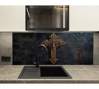 Myphotostation, paraschizzi religiosi in vetro temprato, con croce in bronzo, 24 x 24 cm (larghezza x altezza), paraschizzi per cucina, protezione da parete per fornelli, tagliere, pannello da parete