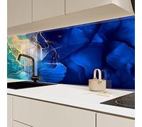 Myphotostation, paraspruzzi astratto in vetro temperato in marmo blu 47 x 19 H per decorazione cucina bagno protezione parete stufa pannello backsplash piastrelle vetro paraspruzzi