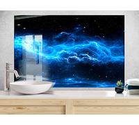 Myphotostation, paraspruzzi blu scuro in vetro temperato 60WX40H con stelle e spazio, paraspruzzi per cucina, bagno, protezione da parete, stufa, pannello paraspruzzi, piastrelle, vetro paraspruzzi
