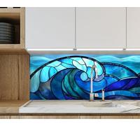 Myphotostation, paraspruzzi da cucina in vetro temperato blu con stemma dell'oceano, 36 x 91 cm di altezza, paraschizzi per cucina, protezione da parete per fornelli, tagliere, pannello da parete per