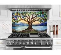 Myphotostation, paraspruzzi da cucina in vetro temperato con albero colorato vicino al lago, paraspruzzi in vetro temperato per cucina, protezione da parete per fornelli, tagliere, pannello da parete