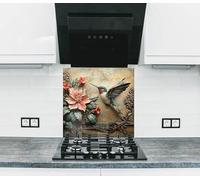 Myphotostation, paraspruzzi da cucina in vetro temperato con colibrì e ibisco, 30 x 20 cm (larghezza x altezza), paraspruzzi per cucina, protezione da parete per fornelli, tagliere, pannello da parete