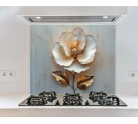 Myphotostation, paraspruzzi da cucina in vetro temperato con motivo floreale e fiori bianchi dorati, 100 x 60 cm (larghezza x altezza), paraschizzi per cucina, protezione da parete per fornelli