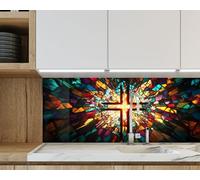 Myphotostation, paraspruzzi da cucina in vetro temperato multicolore, con croce radiante e scritta "Radiant Faith", 30 x 38 cm (larghezza x altezza), paraschizzi per cucina, protezione da parete per