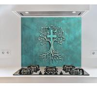 Myphotostation, paraspruzzi in vetro con albero a croce, 76 x 51 cm, paraschizzi in vetro temperato, paraschizzi in vetro per cucina, protezione da parete per stufa, tagliere, pannello da parete per