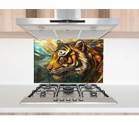Myphotostation, paraspruzzi in vetro con tigre astratta con sguardo dorato, 76 x 35,5 cm, paraschizzi in vetro temperato, paraschizzi in vetro per cucina, protezione da parete per stufa, tagliere
