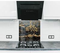 Myphotostation, paraspruzzi in vetro per stufa, 50 x 35 cm, nero e oro, paraschizzi in vetro temperato, paraschizzi per stufa, tagliere, pannello da parete del fornello, copertura posteriore della