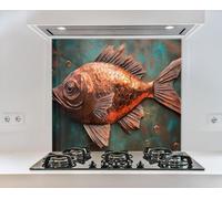 Myphotostation, paraspruzzi in vetro per stufa, 76 x 46 cm, in rame, design artistico a forma di pesce, paraschizzi in vetro temperato, paraschizzi in vetro per cucina, protezione da parete per