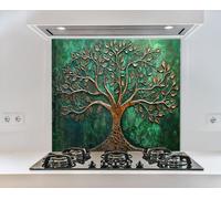 Myphotostation - Paraspruzzi in vetro temperato con albero della vita in rame, 30 x 20 cm di altezza, paraspruzzi in vetro per protezione da parete per stufa, tagliere, pannello da parete per fornelli