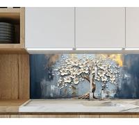 Myphotostation, paraspruzzi in vetro temperato con motivo floreale con albero in fiore d'avorio, per cucina, cucina, fornello, protezione da parete, tagliere, pannello da parete per fornelli