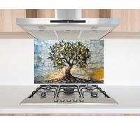 Myphotostation, paraspruzzi in vetro temperato da 35,5 x 30 cm di altezza, motivo olivo dorato, paraschizzi per cucina, protezione da parete per fornelli, tagliere, pannello da parete per fornelli