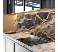 Myphotostation, paraspruzzi in vetro temperato per stufa, 60 x 60 cm, nero e oro, effetto marmo, paraschizzi in vetro per cucina, protezione da parete per stufa, tagliere, copertura posteriore della