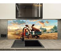 Myphotostation, paraspruzzi in vetro temperato per stufa, motivo mucca su camion, fattoria, 90 x 36 cm, paraspruzzi in vetro temperato, paraschizzi in vetro per cucina, pannello a parete per fornelli