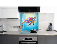 Myphotostation, paraspruzzi in vetro temperato tartaruga marina, 43 x 27 cm, blu, acqua, oceano, paraspruzzi per cucina, bagno, protezione da parete, stufa, pannello paraspruzzi, piastrelle, fornello