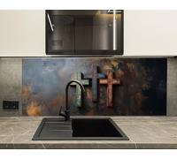 Myphotostation, paraspruzzi religioso in vetro con tre croci, 90 x 60 cm, per stufa, paraschizzi in vetro temperato, paraschizzi in vetro per cucina, protezione da parete per stufa, tagliere