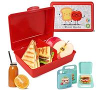 Mypicompany. Porta Merenda Rettangolare Rosso+ 2 Porta Sandwich Riutilizzabili con Manico. Lunch Box Bambini con Disegni Divertenti. Porta Pranzo Bambini Senza BPA.