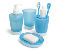Mypicompany. Set da bagno 4 pezzi in plastica infrangibile: dispenser sapone bagno, portasapone bagno, bicchiere, portaspazzolino colore blu. Set bagno per bambini e adulti. Accessori bagno dal design
