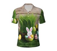 MyPiky Uovo di Pasqua Coniglietto Erba Stampa Legno Versatile Polo Traspirante Confortevole Manica Corta Abbigliamento Estivo Casual, nero, XL