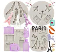 MYPRACS I Love Paris, stampi in silicone a forma di torre Eiffel, barboncino, aereo, bagaglio, caramelle, decorazioni per torte, topper per cupcake, pasta di gomma, set da 4