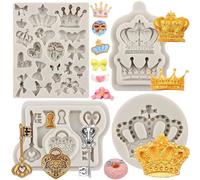 MYPRACS Set di 4 stampi in silicone a forma di corona, con fiocco e chiusura a chiave, per decorare torte, cupcake, caramelle, cioccolato, pasta di gomma, pasta polimerica