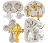 MYPRACS Set di 4 stampi in silicone a forma di croce per la Prima Comunione, Battesimo, preghiera, mano, fondente, per torte, pasta di gomma, topper per cupcake, caramelle, cioccolato, argilla