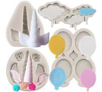 MYPRACS Set di 4 stampi in silicone a forma di unicorno, palloncini e nuvole, per decorare torte, pasta di gomma, cupcake, caramelle, cioccolato, argilla polimerica