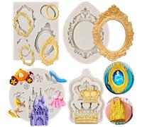 MYPRACS Set di 4 stampi in silicone per cornici, motivo Cenerentola, fondente, barocco, cornici, corona, castello, principessa, vestito, scarpe di cristallo, per decorare torte, cupcake, caramelle,