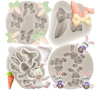 MYPRACS Set di 4 stampi in silicone per uova di Pasqua, coniglio, orecchie da coniglio, cioccolato, fondente, decorazioni per torte, topper per cupcake, pasta di gomma