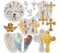 MYPRACS Set di 5 stampi in silicone a forma di ali d'angelo a forma di croce per battesimo, decorazione di torte, topper per cupcake, pasta di gomma al cioccolato, caramelle e argilla polimerica