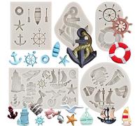 MYPRACS Set di 5 stampi in silicone a forma di ancora e timone, a forma di gabbiano, salvagente, barca a vela, decorazione per torte, cupcake, caramelle, cioccolato, pasta di gomma, argilla polimerica