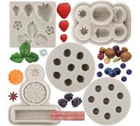 MYPRACS Set di 5 stampi in silicone a forma di mirtillo, lampone, fragola, nocciole, bacche, spezie, anice stellato, cannella, limone, per decorare torte, cupcake, caramelle, cioccolato, pasta di