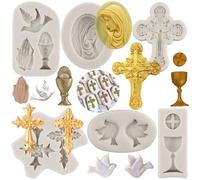 MYPRACS Set di 6 stampi in silicone a forma di croce, per comunione, calice, colomba, fondente, battesimo, festa, decorazione per torte, topper per cupcake, pasta di zucchero