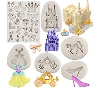MYPRACS Set di 6 stampi in silicone per pasta di zucchero, motivo: Cenerentola, fiabe, castello, zucca, carrozza, vestito da principessa, scarpe di cristallo, cioccolato, caramelle, fiocchi, corona,