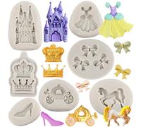 MYPRACS Set di 7 stampi per fondente a forma di Cenerentola, con castello, zucca, carrozza, vestito da principessa, scarpe di cristallo, fiocco, corona, in silicone, per cioccolato, caramelle,