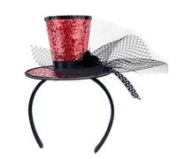 Myqiqi Cerchietto con mini cappello a cilindro con velo, con glitter, per Halloween, circo, steampunk e feste a tema (rosso)
