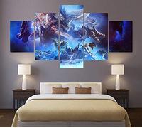 Myrdsio Stampe E Quadri su Tela 5 Pezzi Quadro Moderno, Monster Hunter Game 150×80Cm HD Decorazione Casa Soggiorno Astratto Tela Immagini - con Cornici,Pronto da Appendere