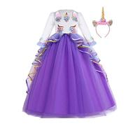 MYRISAM Ragazze Unicorno Principessa Abiti Manica Lunga Tulle Arcobaleno Compleanno Matrimoni Vestito Natale Halloween Carnevale Cosplay Cerimonia Festa Abito con Cerchietto Unicorno Viola 14-15