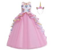 MYRISAM Ragazze Unicorno Tulle Arcobaleno Compleanno Matrimoni Vestito Principessa Lungo Maxi Abiti Natale Halloween Carnevale Cosplay Cerimonia Festa Abito con Fiore Cerchietto Unicorno Rosa 14-15