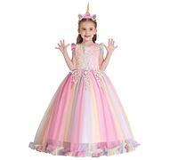 MYRISAM Ragazze Unicorno Tulle Arcobaleno Compleanno Matrimoni Vestito Principessa Lungo Maxi Abiti Natale Halloween Carnevale Cosplay Cerimonia Festa Abito con Cerchietto Arcobaleno 11-12